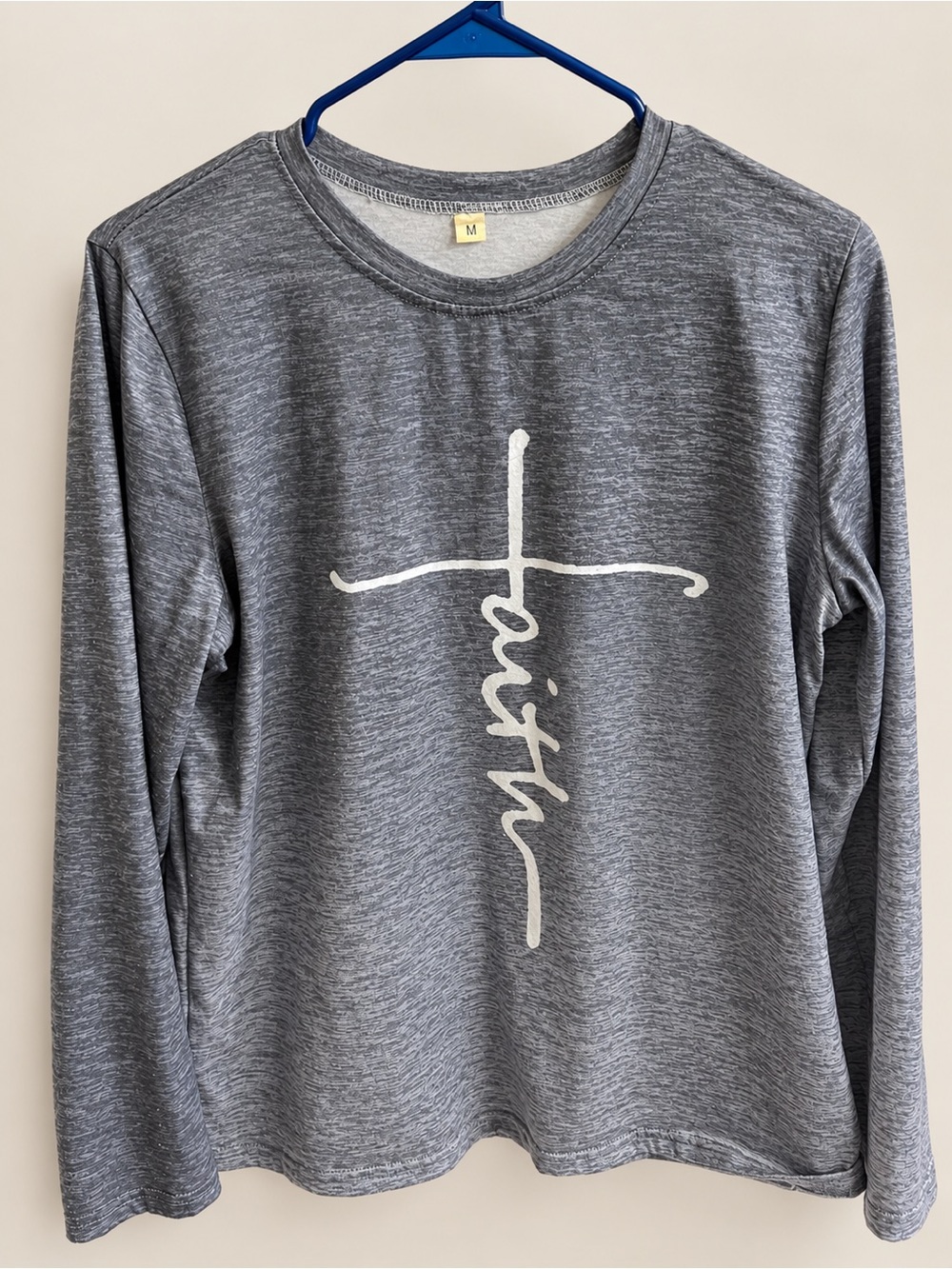 Women’s Gray Long-Sleeve Tee with White Faith Cross Graphic